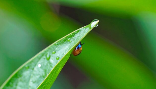 Small, colorful snail clinging to a dew-covered leaf - Powered by Adobe