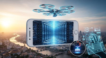Drone technology future innovation mobile app server room data 3d printing augmented reality concept