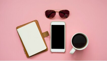 Flatlay phone coffee pink background tropical