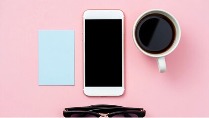 Flatlay phone coffee pink background tropical