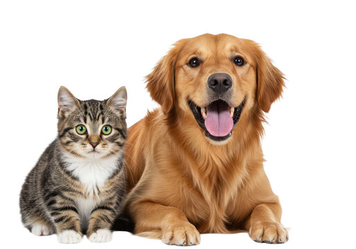 A happy golden retriever dog and a cute tabby cat sitting together, isolated on transparent background