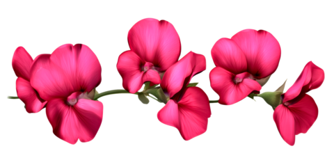 Vibrant pink sweet pea flowers on a stem with green leaves against a white background, cut out transparent