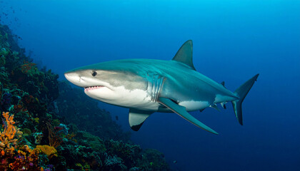Fototapeta premium Powerful great white shark swimming underwater, captured in dramatic cinematic lighting for a thrilling wildlife shot.