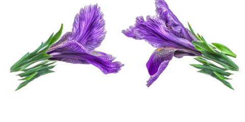 Two striking purple iris flowers with green leaves isolated on white, cut out transparent