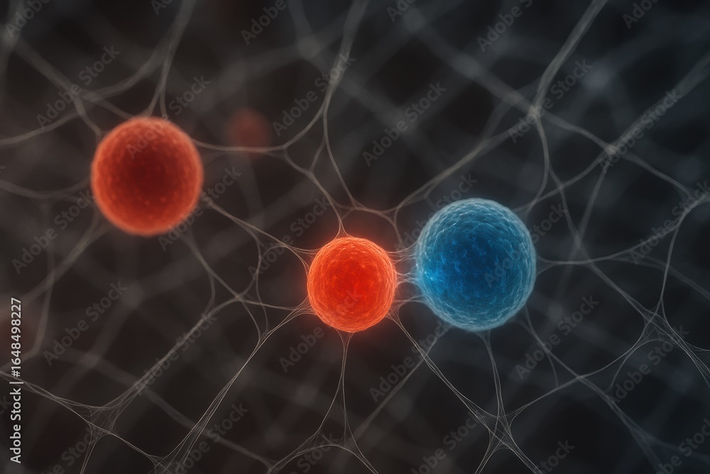 Poster stem cell therapy lab. a digital illustration of interconnected cellular or molecular structures wit