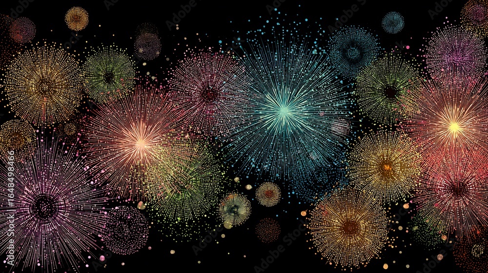 Poster abstract display of radial lines emanating from centers on a black backdrop
