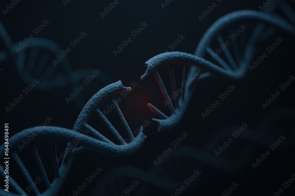 Poster stem cell therapy lab. a close-up of a dna double helix structure with a dark background and glowing