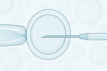 Stem cell therapy lab. A medical syringe and needle next to a petri dish, with a background of various circular laboratory samples.