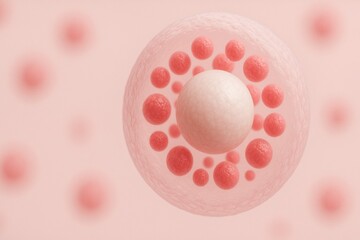 Stem cell therapy lab. A microscopic view of a cell with surrounding smaller cells in pink tones.