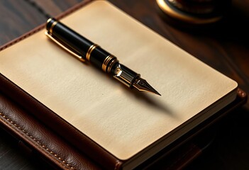 Elegant fountain pen rests atop leather-bound journal, close-up, leather