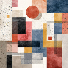 Bauhaus geometric block pattern with terrazzo textures and watercolor fill