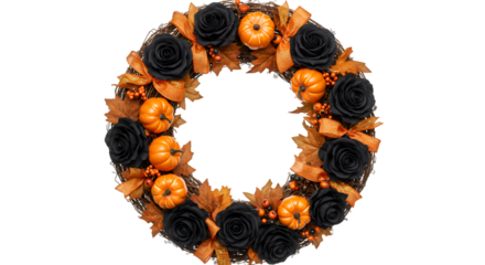 Utumn wreath with pumpkins and black roses