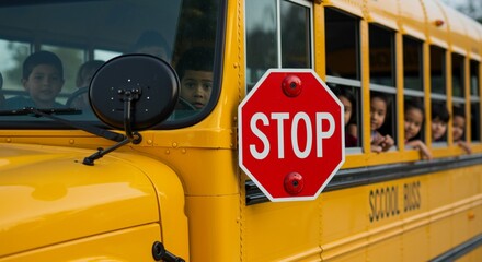 Close-up of yellow school bus, Stop sign.  