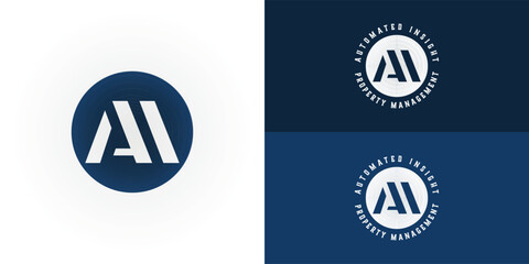 Obraz premium A modern and professional logo for an AI-powered property management company. The emblem features a clean, stylized 'AI' monogram within a dark blue circle, symbolizing innovation and trust.