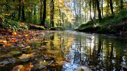 Fototapeta premium Autumnal stream flowing through a woodland.