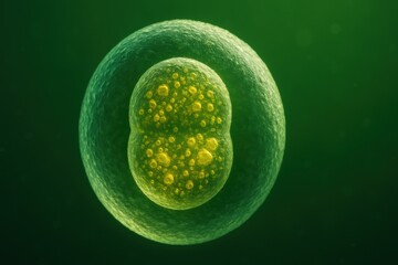 Stem cell therapy lab. A microscopic view of a cell with a green nucleus against a dark green background.