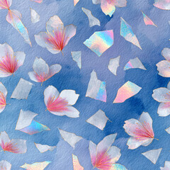 Japanese sakura petal scatter pattern with holographic edges and watercolor backgrounds