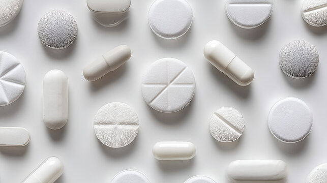Clean Minimalist Pharmaceutical Pill and Capsule Assortment on White Background Still Life. Ai Generated Images
