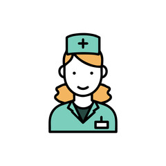 Cheerful Female Nurse Icon with Teal Uniform and Cross Cap.