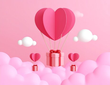 Heart-shaped hot air balloon carrying gifts on pink clouds