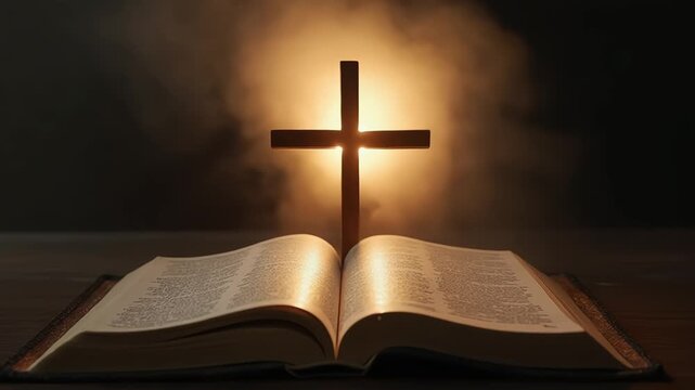 Open bible with a wooden cross illuminated by light against a dark background