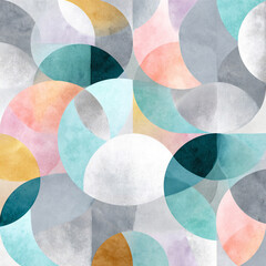 Bauhaus curved shape pattern with metallic silver and watercolor pastel backgrounds