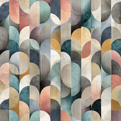Bauhaus curved shape pattern with metallic silver and watercolor pastel backgrounds