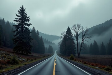 Naklejka premium A scenic mountain road winds through lush forests under the overcast skies of the rainy season.