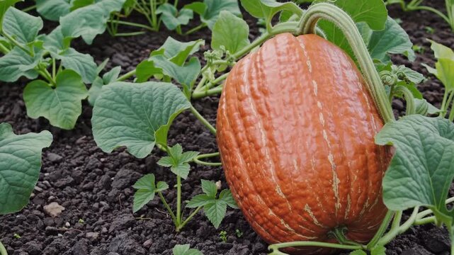 A ripe orange pumpkin growing in a garden patch on a sunny day