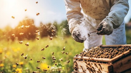 Beekeeper Using Smoker with Bees and Hive