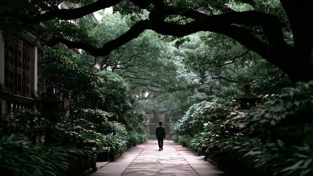 Pedestrian Walking on Shady Path Thinking About Life