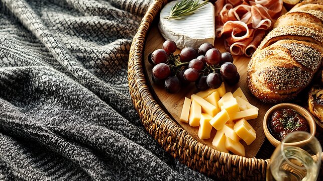 Inviting picnic setup with rustic woven basket of bread, cheese, and fresh fruit on patterned blanket, placed on lush grass, with open top right space for logo, ideal for summer leisure marketing.