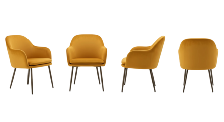 Some Modern Mustard Yellow Accent Chair Set, Stylish Upholstered Dining Chair with Metal Legs, Contemporary Furniture Isolated on transparent Background