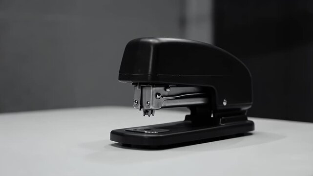 Black stapler on white table in minimalist office setting  