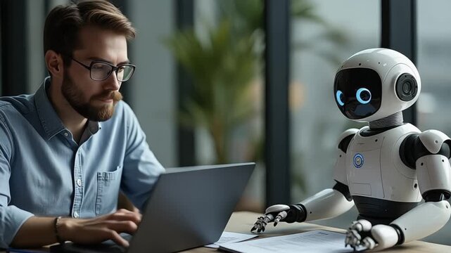 Man works on laptop next to robot with futuristic design at office desk