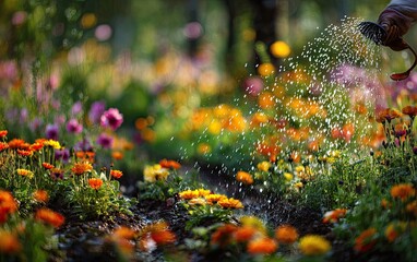 Vibrant flowers being watered in a garden