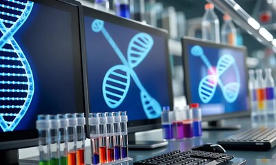 Close-up of multiple computer screens displaying a DNA helix and laboratory equipment, - Powered by Adobe