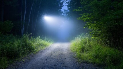 Obraz premium Foggy Gravel Road through Forest with Light