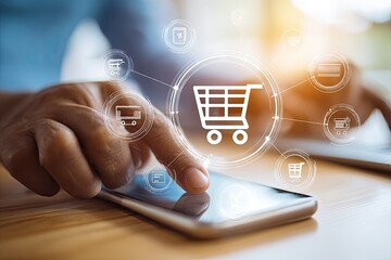 Hands interacting with a smartphone, displaying a shopping cart interface with connected icons