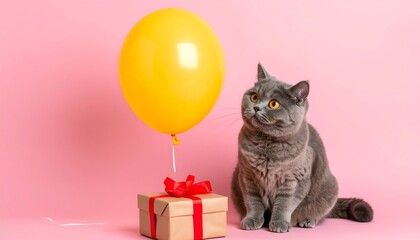 Gray cat, yellow balloon, gift box on pink