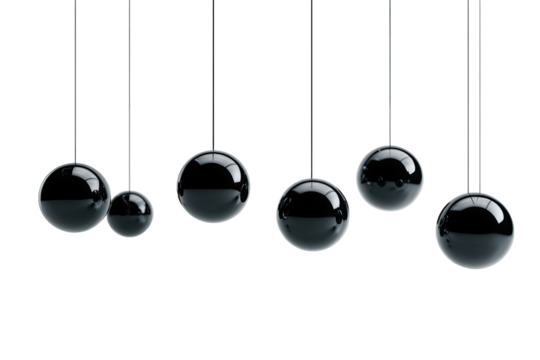 Black globes suspended by thin lines, creating a balanced, minimalist design