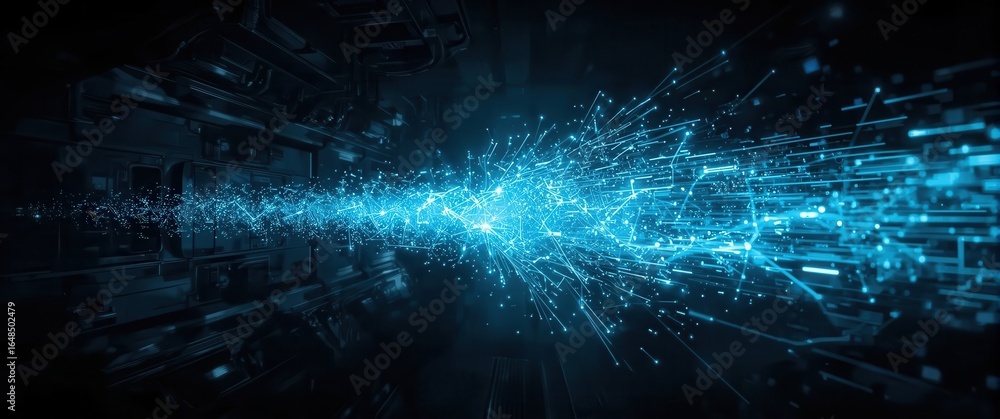 Poster abstract representation of data streams or neural network connections in a dark environment.