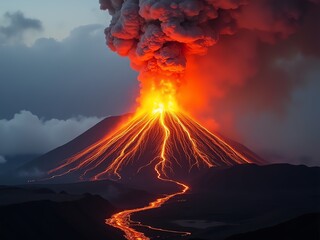 A large volcano hot lava and gases
