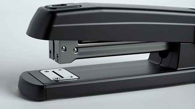 Black stapler on a neutral background with open mechanism  