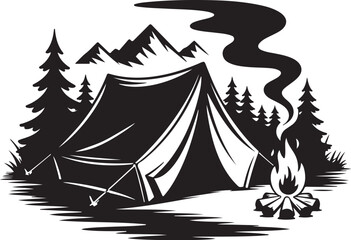 Tent camping adventure with campfire and mountains.