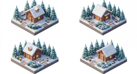 Four snow covered isometric wooden houses