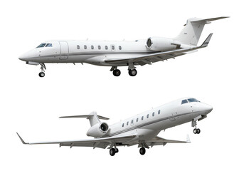 Obraz premium Two modern white business jet airplanes in flight, isolated on transparent background, showcasing aviation and luxury travel