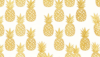 Golden pineapple pattern on a white background, a tropical fruit design.