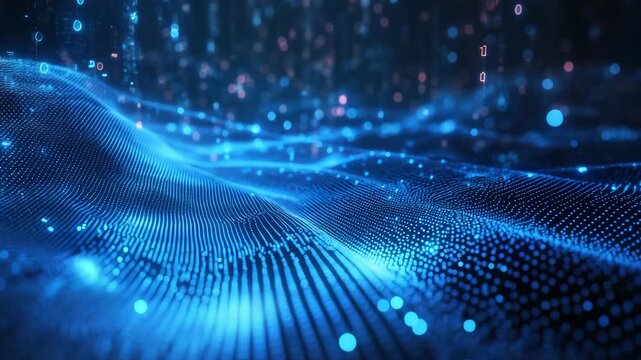 Digital data wave with glowing blue particles and binary code creating futuristic abstract technology background featuring flowing lines and dynamic particle network visualization