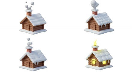 Snowy log cabins illustrations